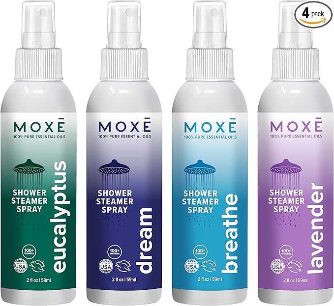 MOXE Aromatherapy Shower Mist Variety Pack Eucalyptus Lavender Breathe and Dream Spa Steam Spray Natural 100% Essential Oils Made in USA Aromatherapy Sinus Congestion Relief 4 Pack (8oz)