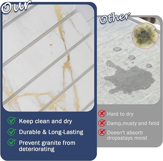Stone Drying Mat for Kitchen Counter 24×16 White Marble Quick Dish Drying Mat with Sanding Pads Non-Slip Roll Up Absorbent Diatomaceous Earth Mat for Dishes Bottles Cups