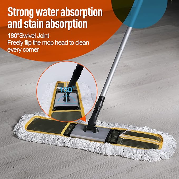 24 Commercial Dust Mop for Floor Cleaning Heavy Duty Floor Mop with 59” Extendable Long Handle Hotel Gym Garage Hospital Household Cleaning Supplies for Hardwood Tiles Marble Floors