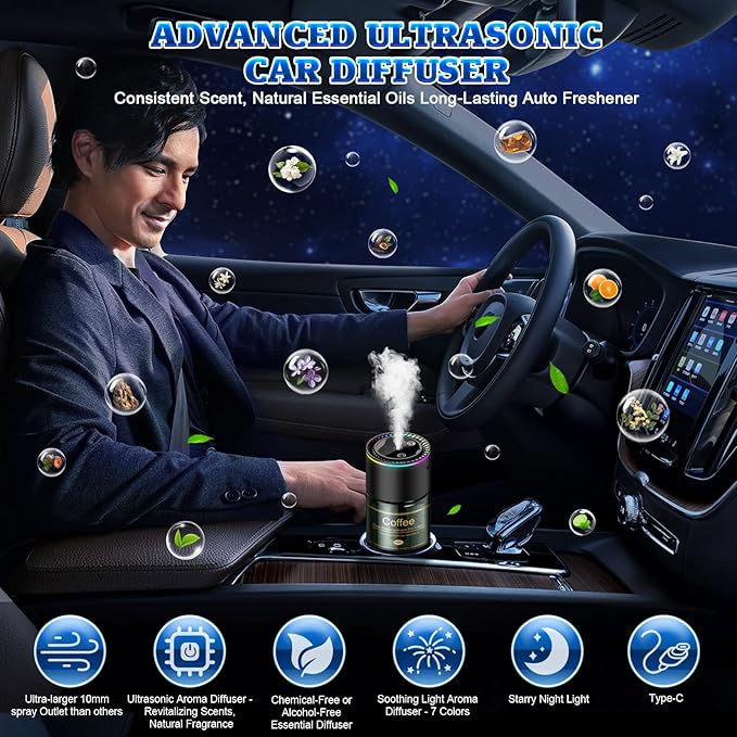 Smart Car Air Freshener Diffuser - 270-Day Long-Lasting Essential Oil (6.09oz/180ml) Auto On/Off Sensor Ultrasonic Dual Modes Multi-Mode Adjustable Natural French Fragrance Oils Coffee ﻿