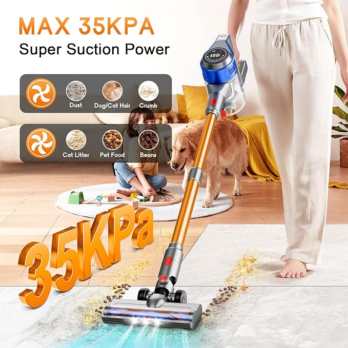 Cordless Stick Vacuum Cleaner - Rechargeable 35Kpa Powerful Vacuums with Detachable Battery LED Display 45Mins Runtime 8 in 1 Handheld Vacuum for Hardfloor &amp Carpets Pet Hair Blue