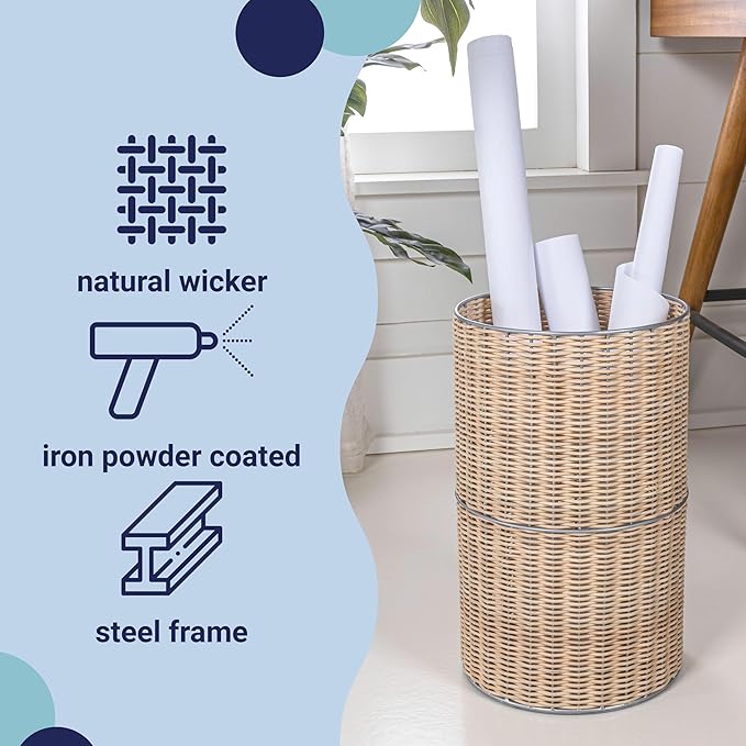 happimess HPM1100B Cecil Modern 4.13-Gallon Natural Wicker Cylinder Waste Basket Natural/Silver for Home Bathroom Living Room Office Bedroom Kitchen
