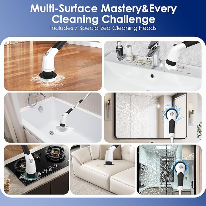 Cordless Electric Spin Scrubber IPX7 Waterproof Rechargeable Power Cleaning Brush with 4000mAh Battery 210min Runtime 7 Brush Heads 3 Adjustable Speeds for Shower Tub Tile Kitchen Floor