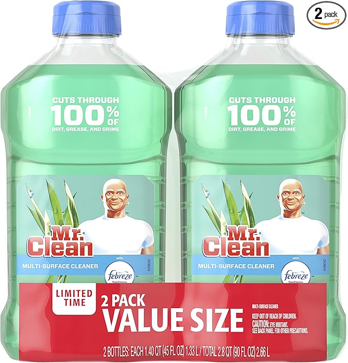 Mr. Clean Liquid All Purpose Multi-Surface Cleaner | Meadows and Rain with Febreze Freshness - 45 Ounce Each Bottle (Pack of 2) (Total 90 fl oz)