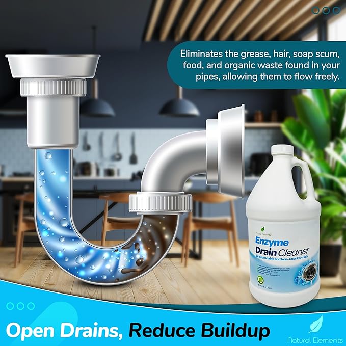 Natural Elements Enzyme Drain Cleaner | Digest Grease Fats and Paper Buildup in Drains Septic Tanks Grease Traps Pipes (1 Gallon)