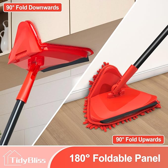 Wall Cleaning Mop with Long Handle 80” Ceiling Duster Scrubber with 360° Swivel Collapsible Head Baseboard Cleaner Tool with 3 Chenille and 3 Microfiber Pads for Windows Floor (Red)