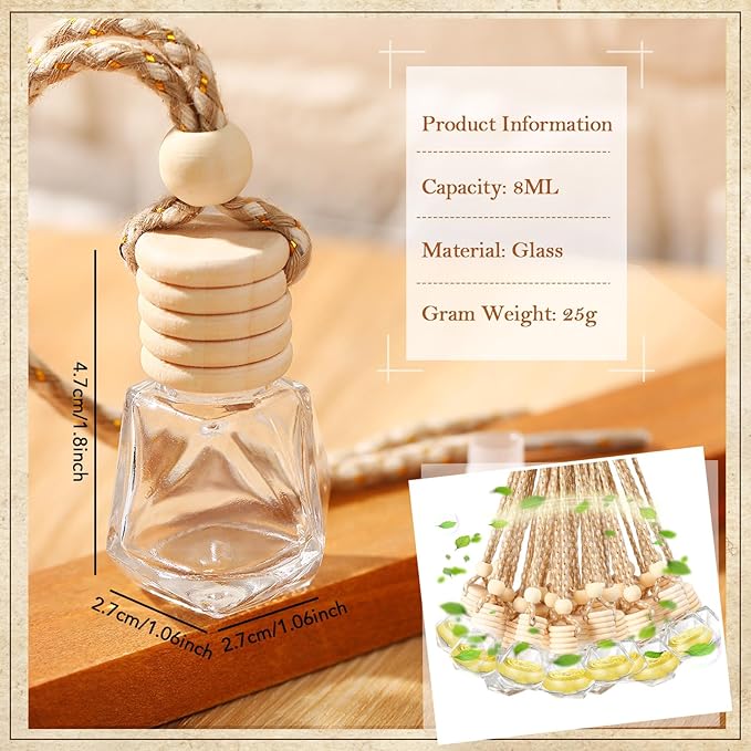 Domensi 200 Pcs Car Diffuser Bottles Air Freshener Bulk Hanging Empty Glass Perfume Bottles Refillable Air Freshener Pendant Fragrance Vials Ornament Decor with Wooden Caps String(Classic)