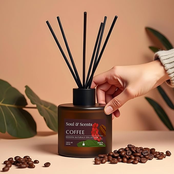 Soul &amp Scents Reed Diffuser Set – Coffee | 7.43 oz Refillable Scented Oil with 6 Fiber Sticks | Long-Lasting Home Fragrance &amp Air Freshener for Bedroom Bathroom Office | Gift &amp Décor Pie