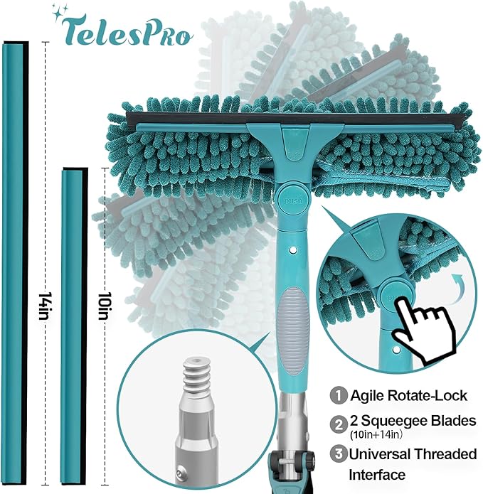 30 Feet High Reach Window Squeegee with 6-24 Ft Extension Pole Window Cleaner Tool with 5-Stage Telescoping Pole Window Cleaning Kit with Rotatable Head (2 Squeegee &amp 2 Microfibre Cloths)