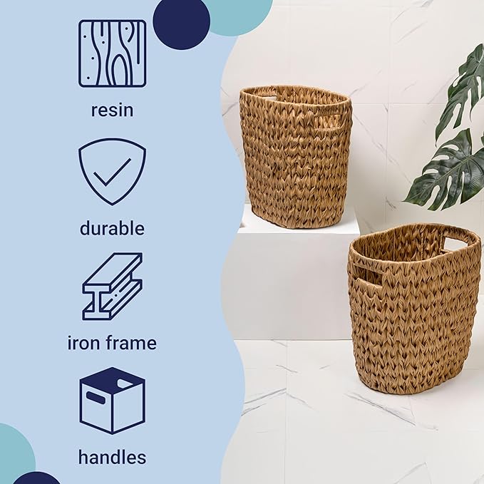 happimess HPM1407A-SET2 Maple Contemporary Farmhouse Resin 4.5-Gallon Tapered Oval Wicker Watebasket with Handles Natural (Set of 2)