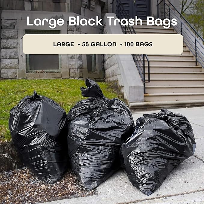 Large Trash Bags Black LDPE (55 Gallon) - 100 Count Heavy-Duty Kitchen Garbage Bags - 55 Gal Unscented Yard Trash Bags - Indoor &amp Outdoor Waste Trash Can Liners for Home &amp Office by Achim Hom