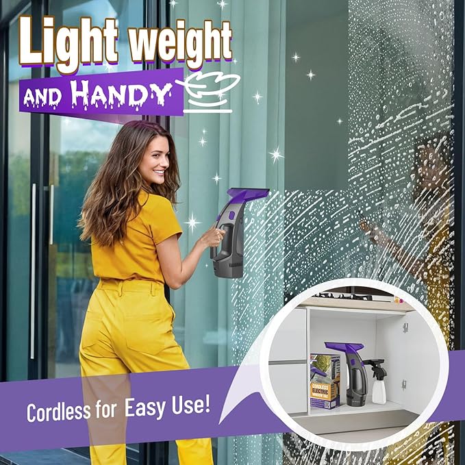 2000Pa and 2500mAh Electric Window Cleaner Tool with Gloves and 2 Cleaning Cloth Window Vacuum Squeegee Cordless with 360ml Spray Bottle &amp 100ml Water Tank for Window Mirror Countertop Tile