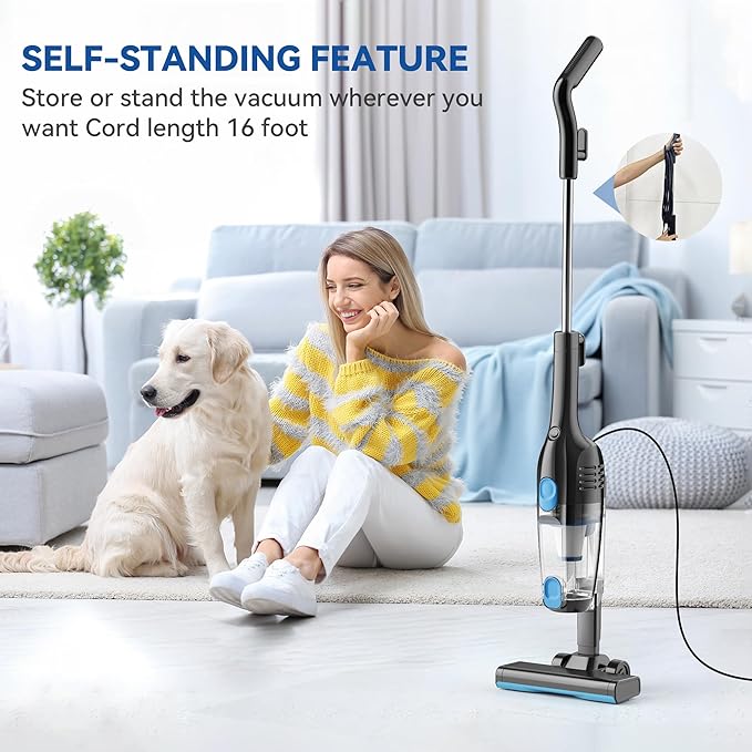 Vazone R6X Corded Stick Vacuum Cleaners for Home 20Kpa Powerful Suction Stick Vacuum with 16Ft Cord 2 in 1 Lightweight Handheld Vacuum Cleaner for Hardwood Floor Pet Hair (Navy)