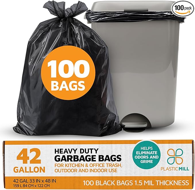 PlasticMill Heavy Duty Black Tall Trash Can Liners - 42-Gallon Large Kitchen Trash Bags 1.5 Mil 33x48 (100-Count)