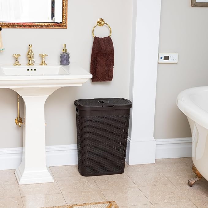 Mind Reader Slim Laundry Hamper with Lid 40L Clothes Basket Narrow Tapered Design with Ventilated Cutout Pattern Plastic Brown