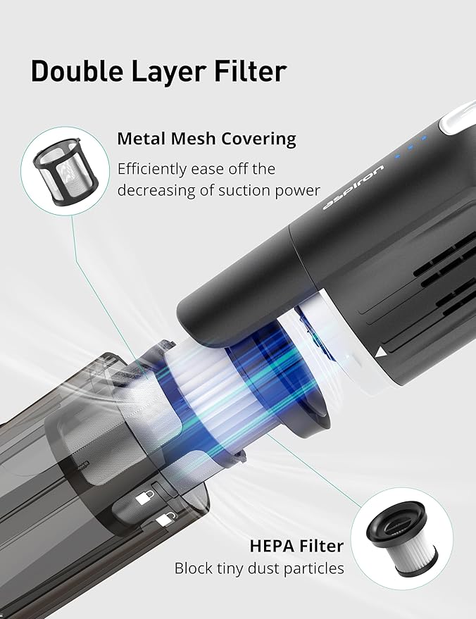Aspiron Cordless Handheld Vacuum 24KPA Powerful Car Vacuum 2-Speed 2 Charging Methods Wireless Charger Ergonomic Handle Portable Rechargeable Vacuum Cleaner for Car Home Black Grey