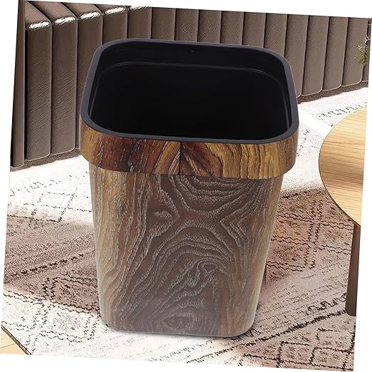 Square Plastic Wastebasket with Faux Wood Grain Finish Lidless Capacity Trash Bin for Home Office Easy to Clean Stylish Farmhouse Rubbish Can