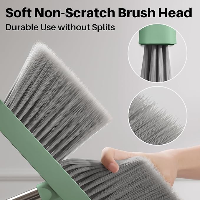 JOYMOOP Dark Teal Green Broom and Dustpan Set Upright Angle with Built-in Comb Teeth Ideal for Home Office Hardwood Pet Hair