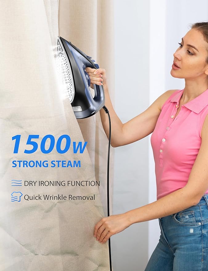 1500-Watt Steam Iron with Ceramic-Coated Soleplate and Burst Steam 3-Way Auto-Off Temperature Settings for Variable Fabric