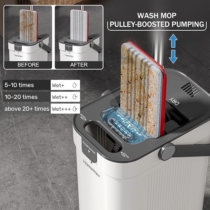 Mop and Bucket Set Flat Mop and Bucket System with Separate Dirty and Clean Water 3-Compartment Wall Cleaner Mop Flat Mops for Floor Cleaning with 6 Microfiber Pads