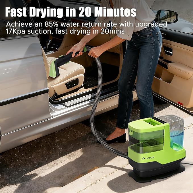 AAOBOSI Portable Carpet Cleaner Machine 17Kpa Upholstery Steam Cleaner with Smart Voice Prompting Self-cleaning 4 Tools for Pets Car Couch and Stairs- C688 Green