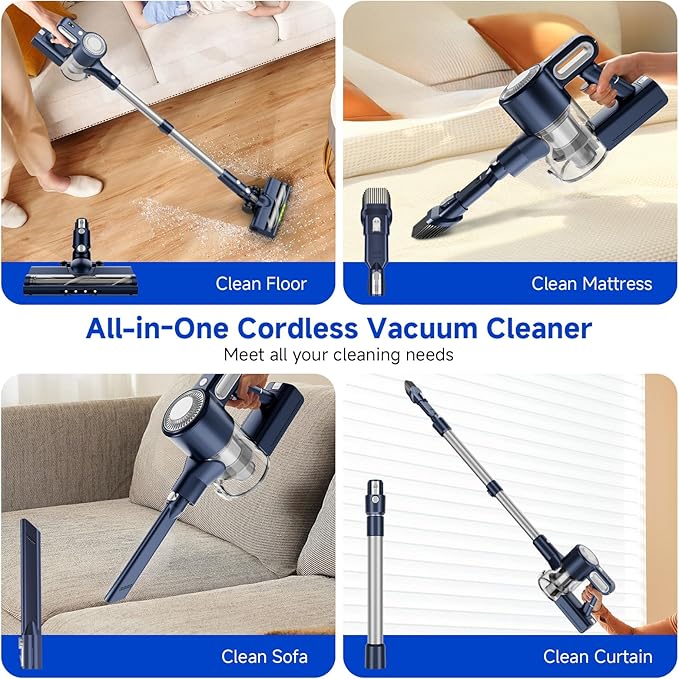 Cordless Vacuum Cleaner for Home: 6-in-1 Stick Vacuum with Powerful Suction Rechargeable Anti-Tangle Pet Hair Brush Self-Standing Green LED Headlight Vacuum for Carpet &amp Hardwood Floors-Dark B