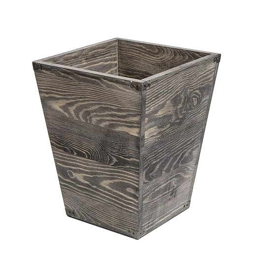 VERGOODR Farmhouse Style Wooden Square Trash Can with Decorative Metal Brackets for BedroomLiving Room Bathroom &amp OfficeWaste Bin Wastebaskets Trash bin (Rock Grey)