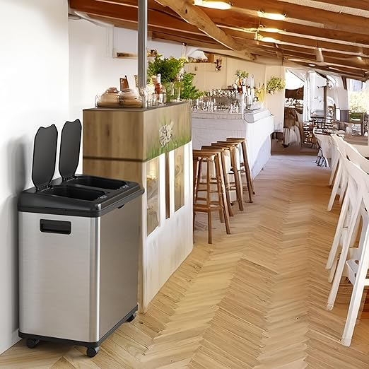 iTouchless 16 Gallon Sensor 2.0 Technology Dual Compartment Kitchen Trash Can and Recycle Bin with Wheels Stainless Steel Automatic 8 Gallon Per Side for Home Office Store Business