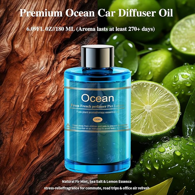Car Air Freshener Refill for Men &amp Women 6.09 FL OZ /180ML-9 Month Ocean Scent Essential Oil Perfume Essential Oil Made of Natural Plant Extracts Compatible with Car Diffusers for Home/Office
