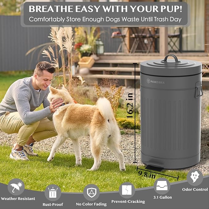 PAWZIDEA Dog Poop Trash Can Outside Odor Control 3.1Gallon Large Pet Poop Can Outdoor with Lid No Smell Waterproof Pet Waste Trash Can Dog Waste Station Step Garbage Can Bin Container BackyardGrey