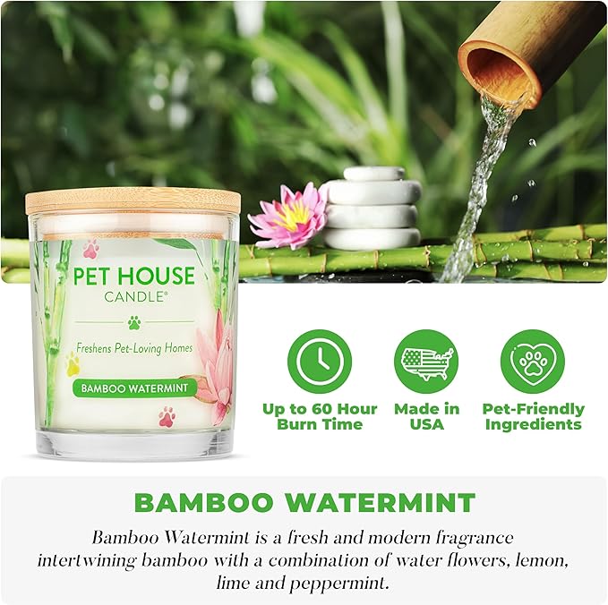 Pet House Candles Clean Burning Long Lasting Scented Pet Odor Candles for Home - Bamboo Watermint Med Sea 2 Pack