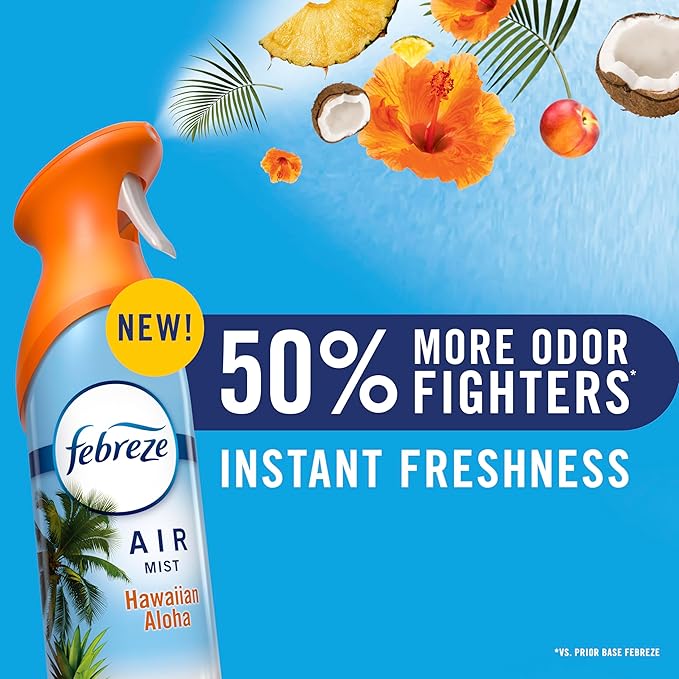 Febreze Air Mist Air Freshener Spray Odor Fighting Room Spray Deodorizer for Home Bathroom Kitchen Office Apartment Dorm Room Classroom Hawaiian Aloha 8.1oz 6ct