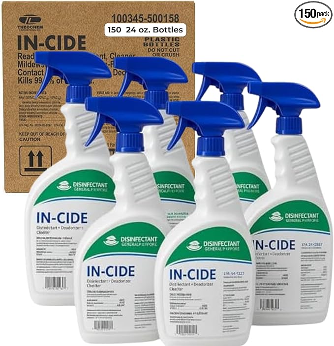 In-Cide Hospital Grade Disinfectant Spray - EPA Registered Cleaner Kills 99.9% MRSA H1N1- Medical Grade for Home Office Clinic - Lavender Scent (150 24 oz Bottles)