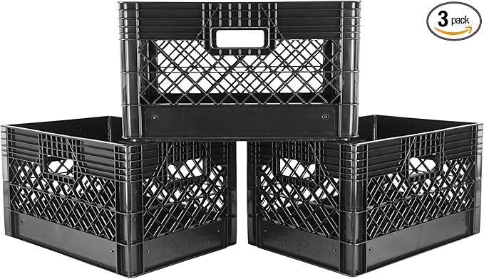 Hudson Exchange 19 x 13 x 11 (24 Quart 3 Pack) Mesh Commercial Grade Milk Crate Handled Storage Container Tote Black