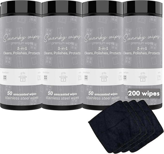 Swanky Stainless Steel Cleaner Wipes - Grime &amp Grease Remover Kitchen Cleaning Supplies - Clean &amp Shine For Stove Top Refrigerator Sink Oven &amp Household Appliances - Canister 200 Cou