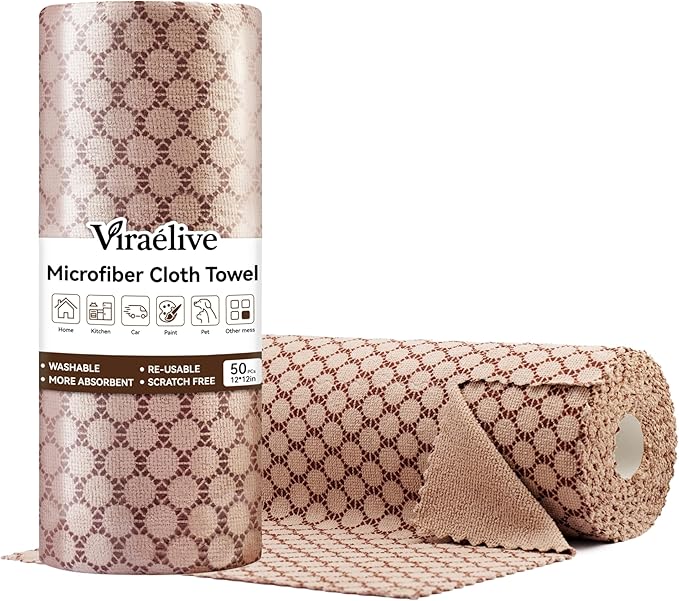 Microfiber Cleaning Cloth Roll 50-Count Reusable Durable Absorbent Lint-Free Non-Scratch Towels Dish Rags for Kitchen Home Window &amp Screens Paper Towel Alternative Brown Dot 12x12 in