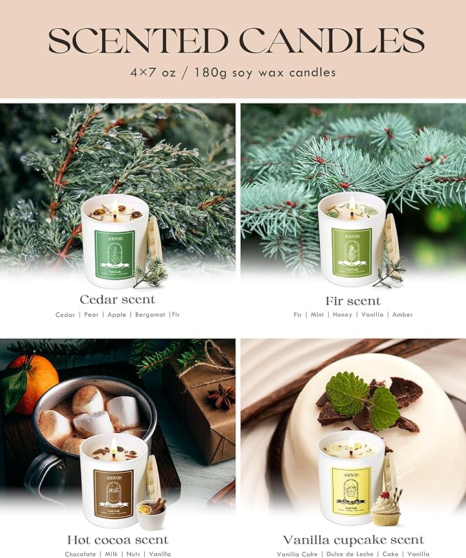 AOOVOO Holiday Candles Set for Women - 4 Pack Candles for Home Scented Aromatherapy Candle with Crystals 28 oz 200 Hour Long Lasting Candle Winter Fragrance of Cedar Fir Hot Cocoa Vanilla Cake