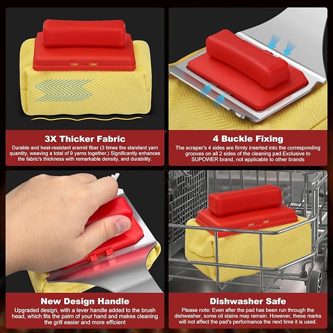 Steam Safe Grill Cleaning Brush Bristle Free for Outdoor Grill with 15 Extended Handle 3X Thick Aramid Fabric Replaceable Brush Heads Heavy Duty Triple-Groove Scraper Design for All Grates Red