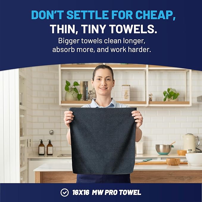 MW Pro Microfiber Cleaning Cloth | Black Gray Blue | 12 Pack | 16” x 16” | All Purpose Microfiber Towels - Clean Dust Polish Scrub Absorbent