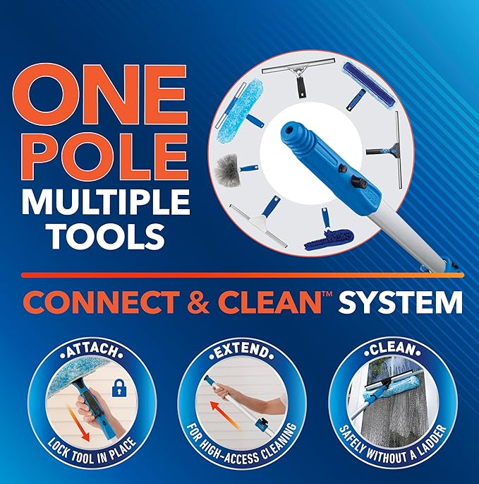 Unger Professional Connect and Clean 18” Grip Swivel Window Glass Squeegee and 8’ Pole 180-Degree Pivoting Handle with Lock Cleaning Supplies for Streak-Free Results