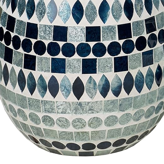 Touch of Class Mosaic Sea Wastebasket Multi Jewel Laser-Cut Hand-Cut Stripes in Blue Sapphire and Aqua Mist Hues on a Natural Clay 10 Inches High