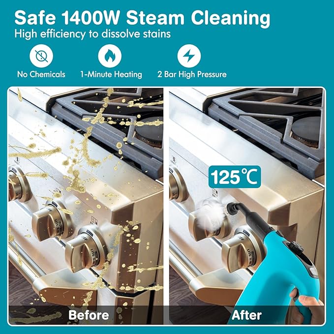 COSTWAY Handheld MultiPurpose Steam Cleaner with 17 Pieces 350ml Large Capacity Steam Mop Continuous Fill water Portable Chemical-Free Steamer for Home Use Floors Windows 1400W Blue