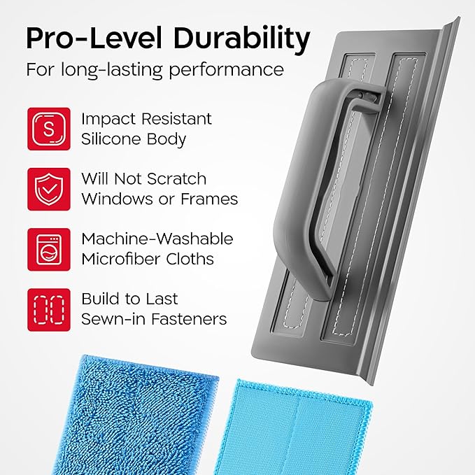 Tyroler Silicone Shower Squeegee for Glass Doors - 10 | 2 Microfiber Scrub &amp Polish Cloths | Multi-Surface Wiper | Perfect Window Squeegee for Home | Squeegee for Shower Glass | Shower Door Squee