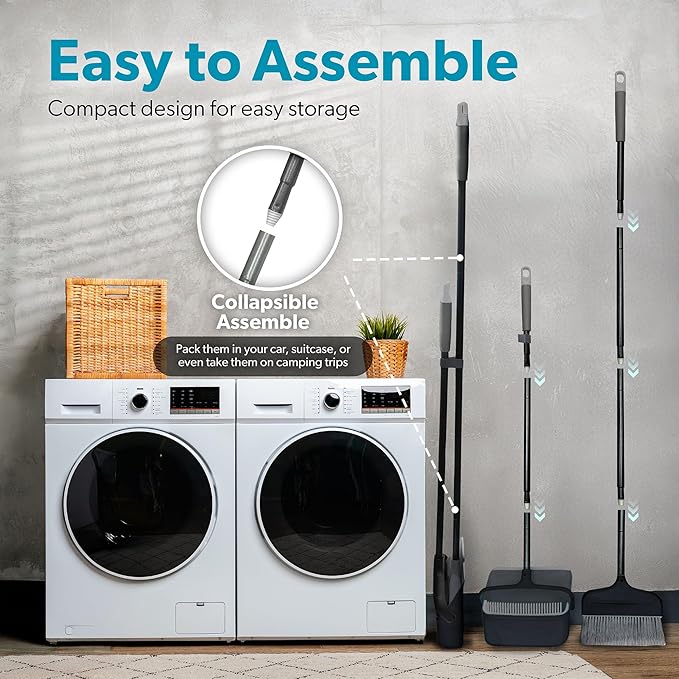 BLACK+DECKER Butler Broom &amp Dustpan Set - Stand-Up Design - Lightweight Space-Saving Combo for Kitchen Living Room Bathroom Lobby Floors - Home Cleaning Essential Black/Grey