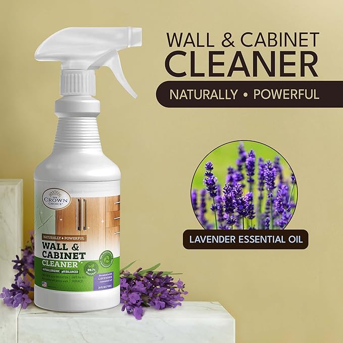 Natural Wall Cleaner &amp Household Cleaning Brush Set Bundle 24 Oz Lavender Stain Remover Spray and 3 Pcs Brushes Set - a perfect comb for cleaning Walls Ceilings Cabinets Baseboards Wood Stain