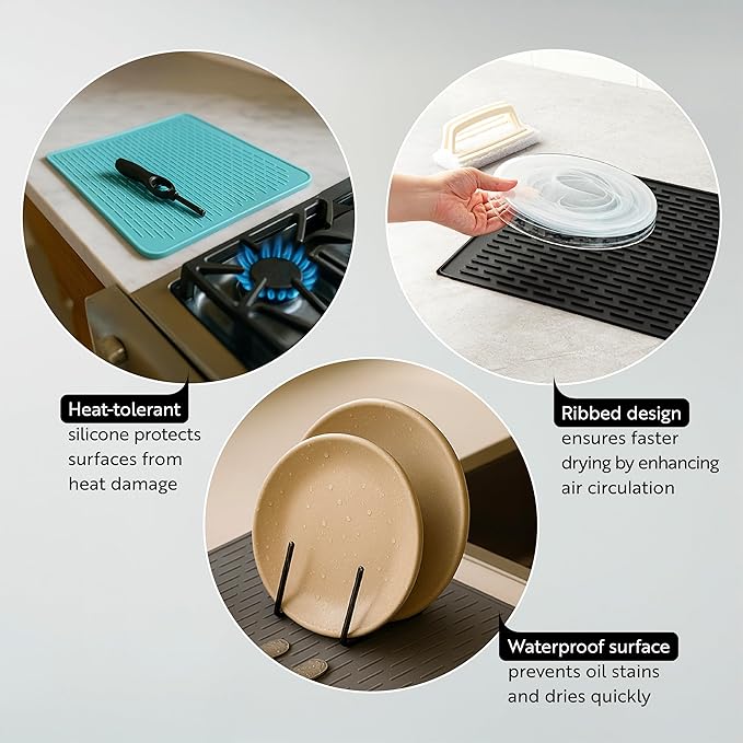 Restaurantware Comfy Grip 23 x 18 Inch Extra-Large Countertop Drying Mat 1 Food-Grade Dish Drainboard - Ribbed Design And Raised Sidewalls Waterproof Gray Silicone Draining Pad Dishwashable