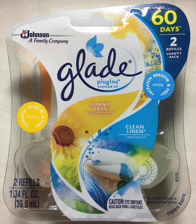 4 GLADE PLUGINS SCENTED OIL REFILLS 2 CLEAN LINEN / 2 SUNNY DAYS SEALED PACKS