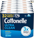 Cottonelle Ultra Clean Toilet Paper with Active CleaningRipples Texture 1-Ply Strong Bath Tissue 32 Family Mega Rolls = 176 Regular (8 Packs of 4) White