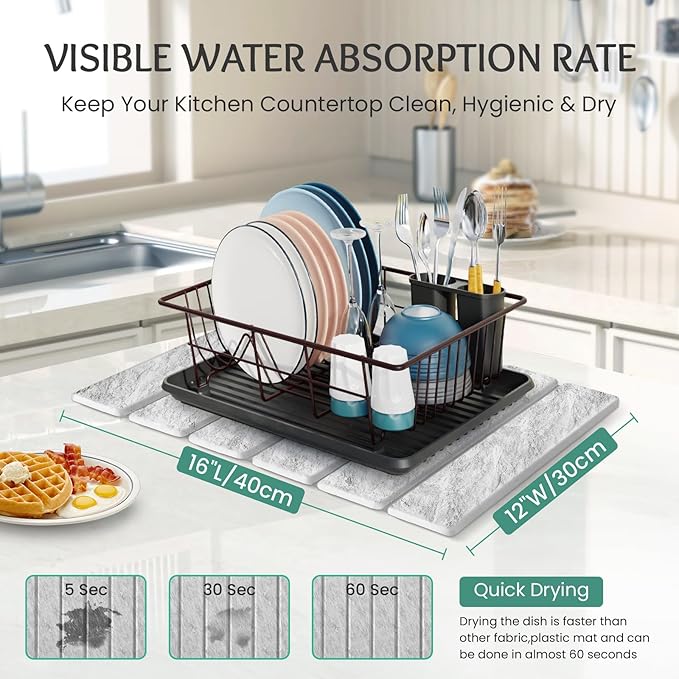 Stone Dish Drying Mat Collapsible Diatomaceous Earth Absorbent Mat Quick Dish Drying Pad Dish Rack Pad Match Any Counter to Multiple Usage for KitchenBathroom
