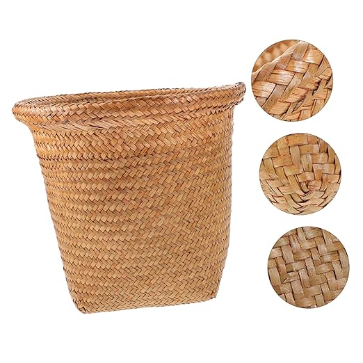 Straw Woven Wastebasket Handmade Storage Bin for Office and Home Waste Can Natural Fiber Design for Organizing Waste in Bedrooms and Bathrooms Random Color